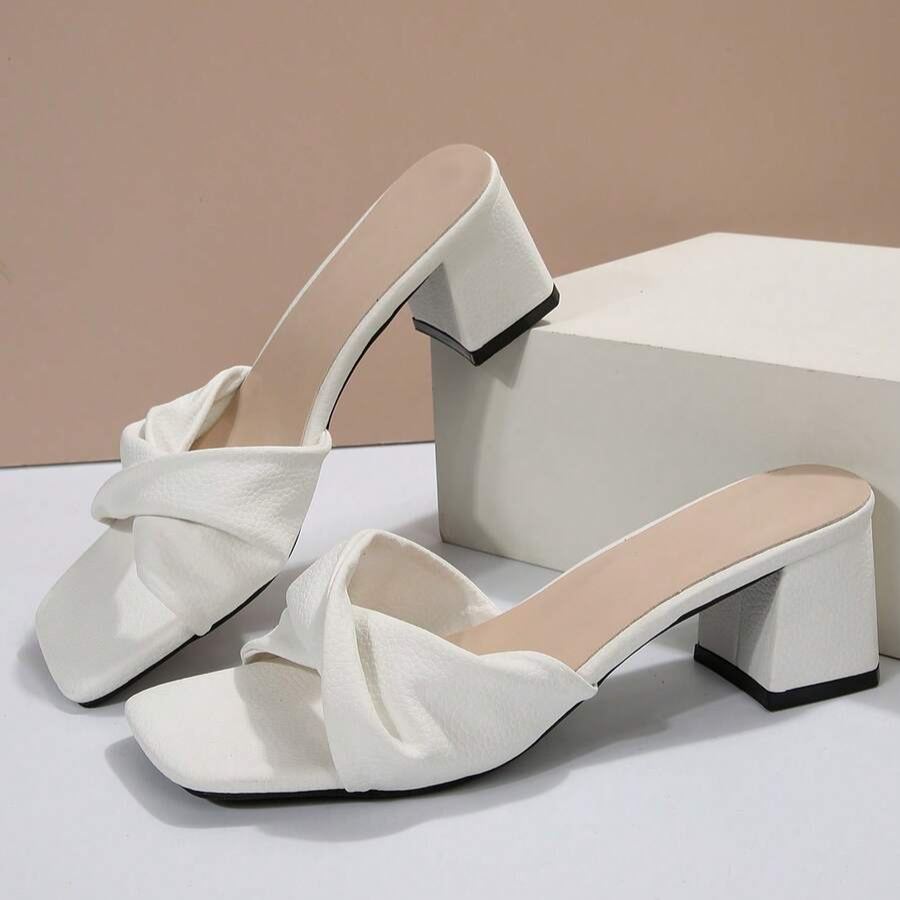 Twist Knot Block Mid Heel Sandals in Charcoal - Front View