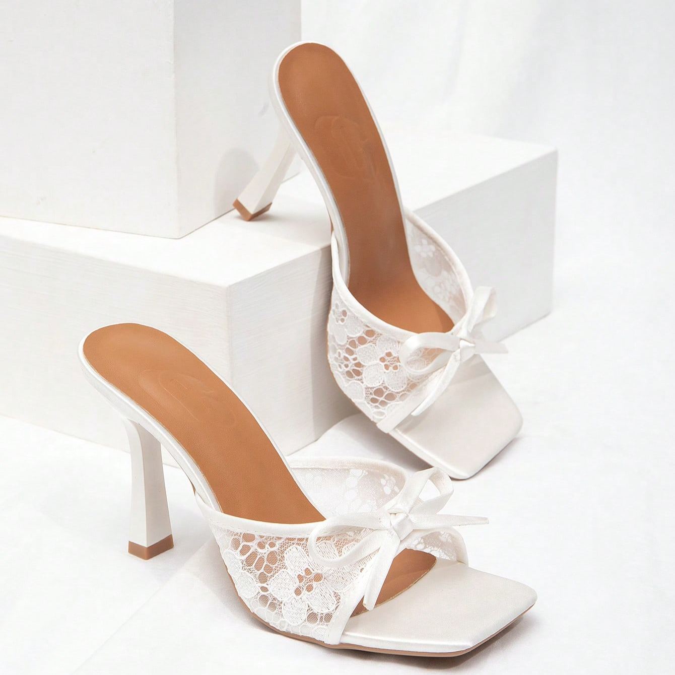 Stylish Lace Embroidery Mule Sandals With Bow Detail For Women in White - Front View