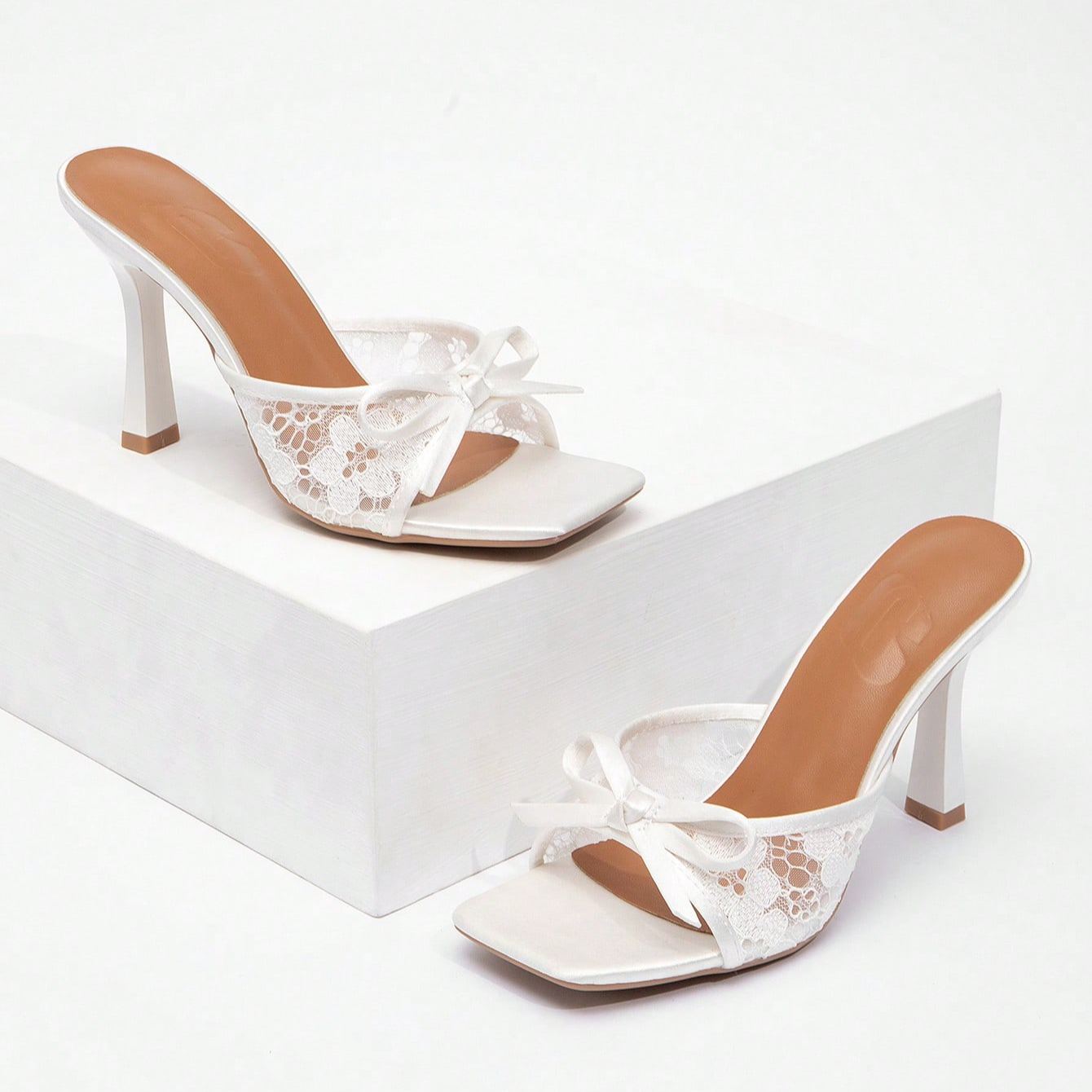 Stylish Lace Embroidery Mule Sandals With Bow Detail For Women in Light Pink - Strap Detail