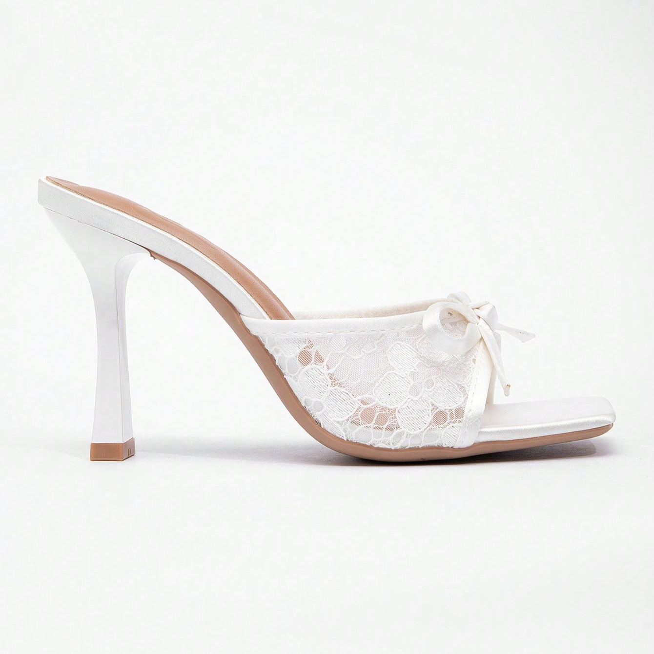 Stylish Lace Embroidery Mule Sandals With Bow Detail For Women in Brown - Left Side