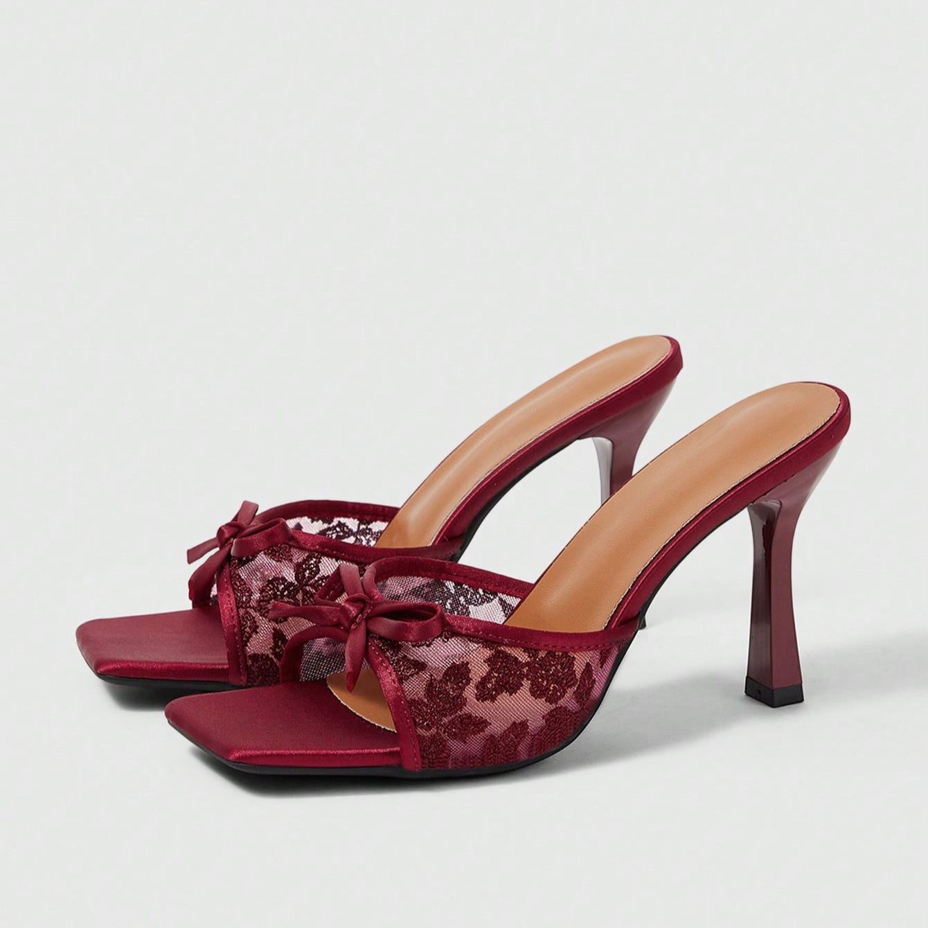 Stylish Lace Embroidery Mule Sandals With Bow Detail For Women in Red - Top View