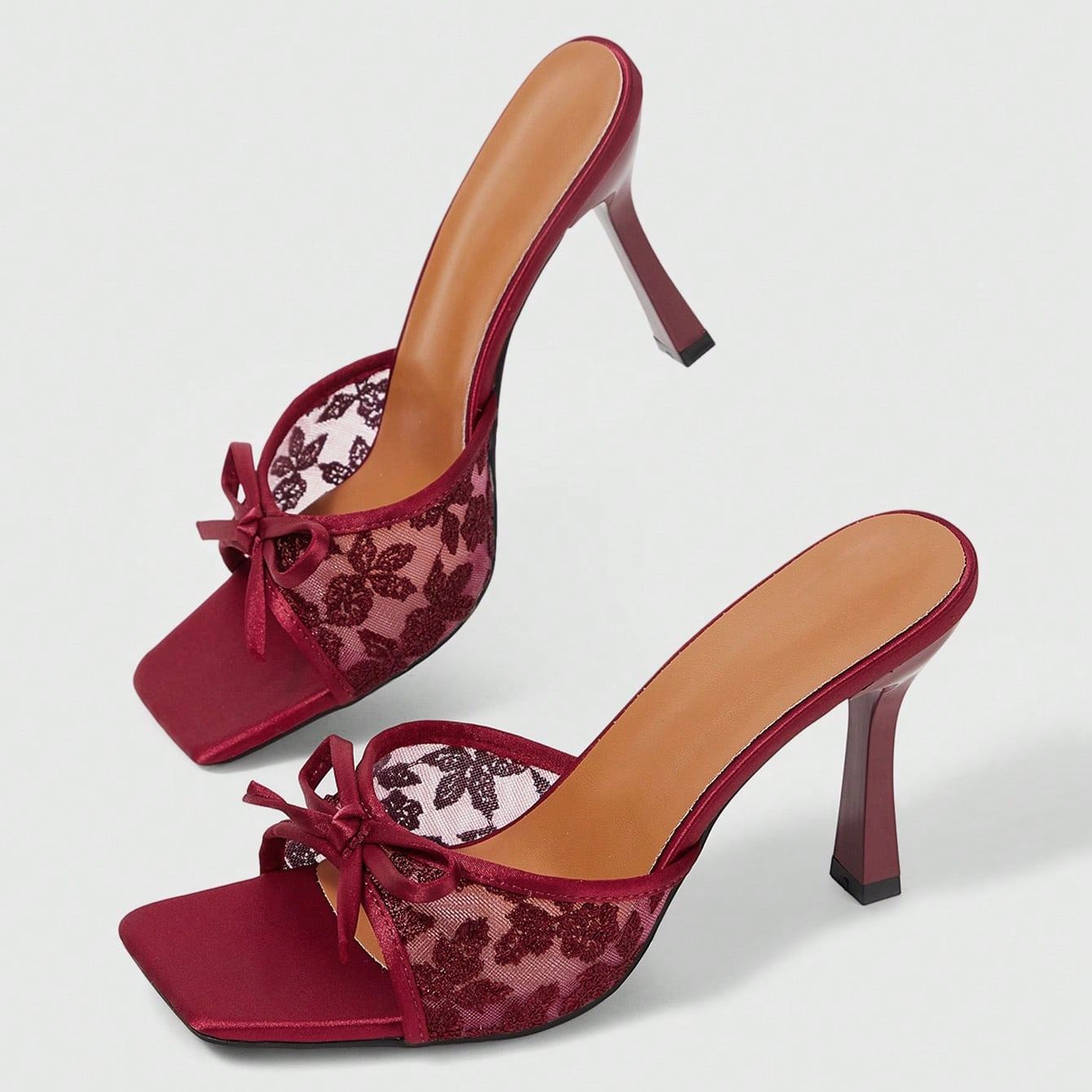 Stylish Lace Embroidery Mule Sandals With Bow Detail For Women in Beige - Right Side