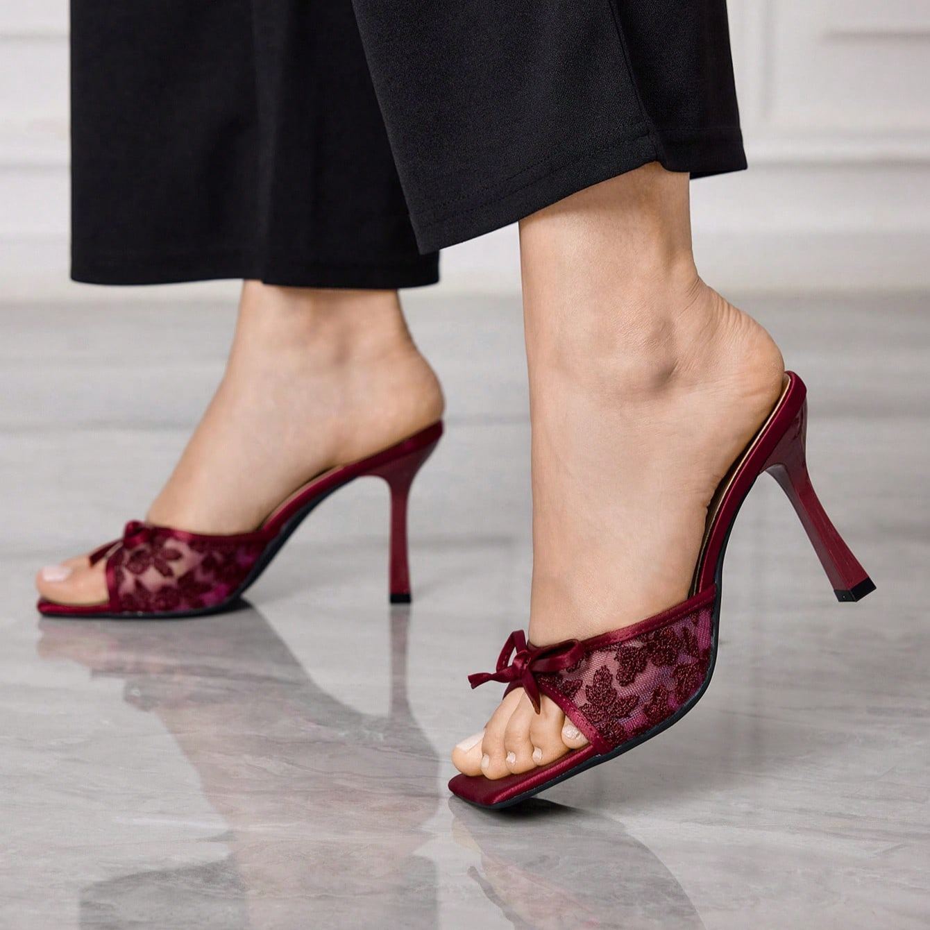 Stylish Lace Embroidery Mule Sandals With Bow Detail For Women in Maroon - Toe Detail