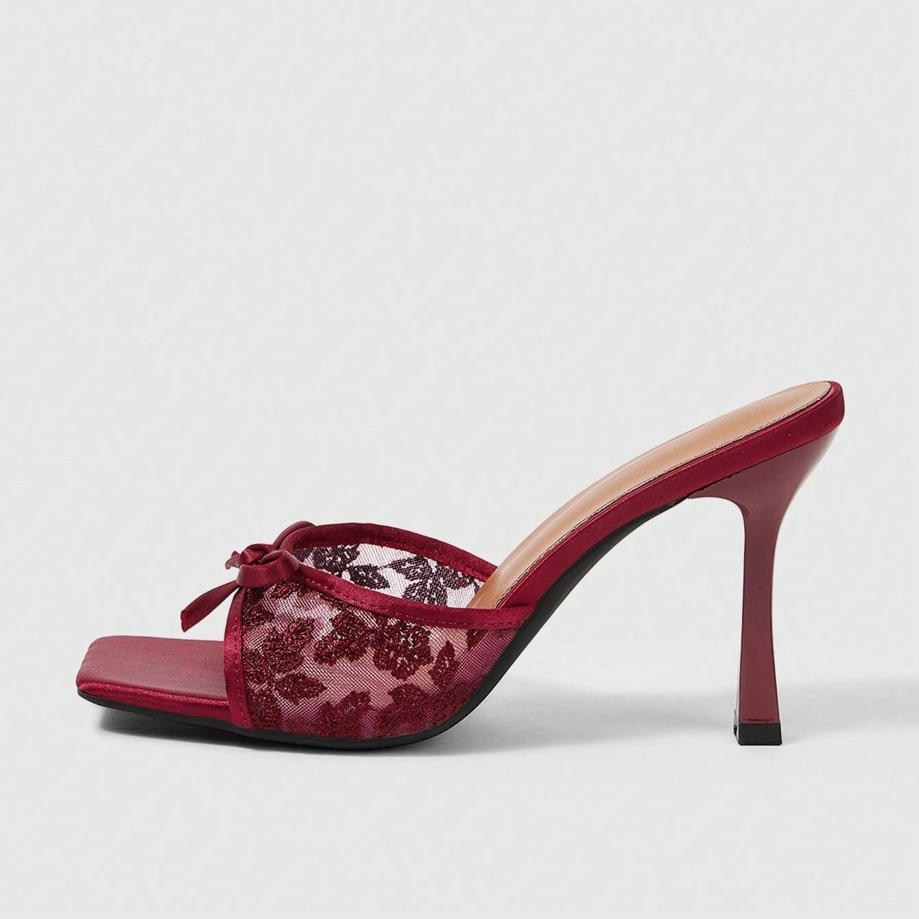 Stylish Lace Embroidery Mule Sandals With Bow Detail For Women in Red - Lifestyle Shot