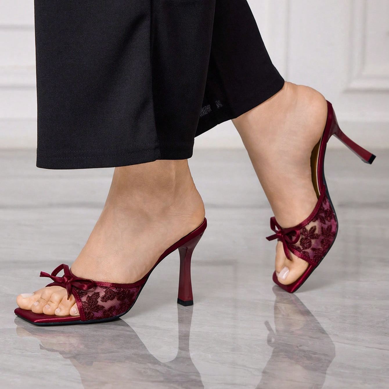 Stylish Lace Embroidery Mule Sandals With Bow Detail For Women in Brown - Pair View