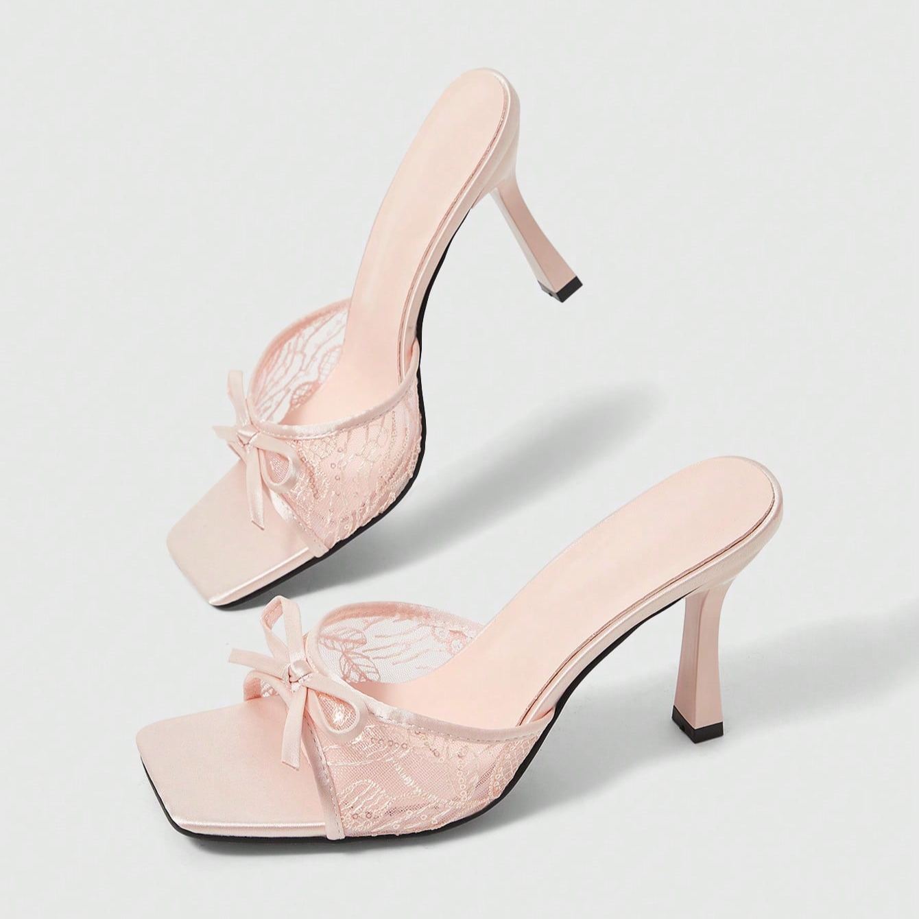 Stylish Lace Embroidery Mule Sandals With Bow Detail For Women in White - Full Length View