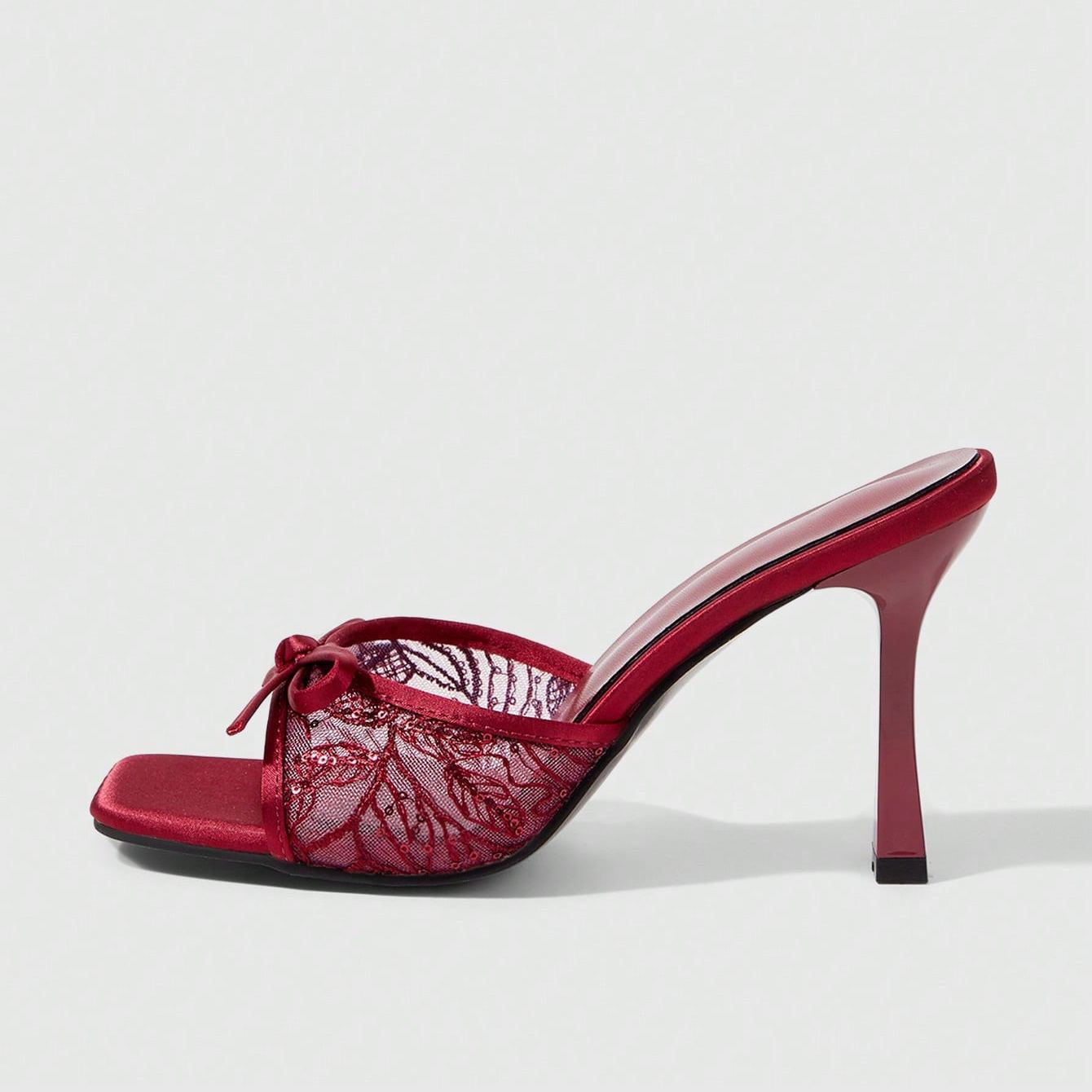 Stylish Lace Embroidery Mule Sandals With Bow Detail For Women in Light Pink - Back View