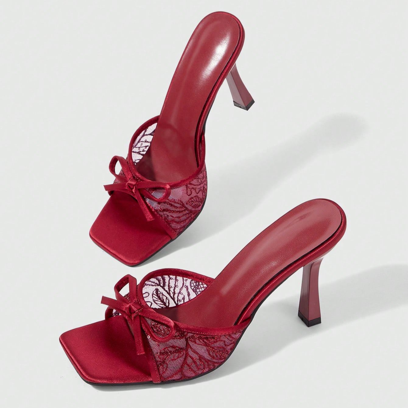 Stylish Lace Embroidery Mule Sandals With Bow Detail For Women in Brown - Top View