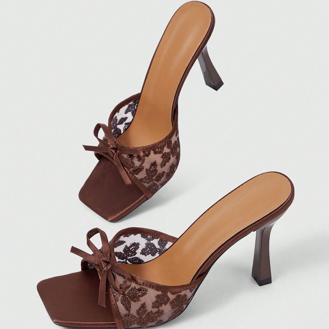 Stylish Lace Embroidery Mule Sandals With Bow Detail For Women in White - Angled View