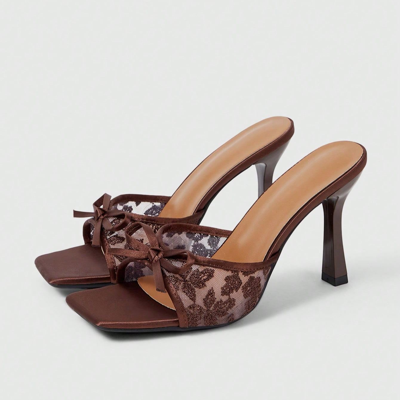Stylish Lace Embroidery Mule Sandals With Bow Detail For Women in Brown - Close-Up Detail