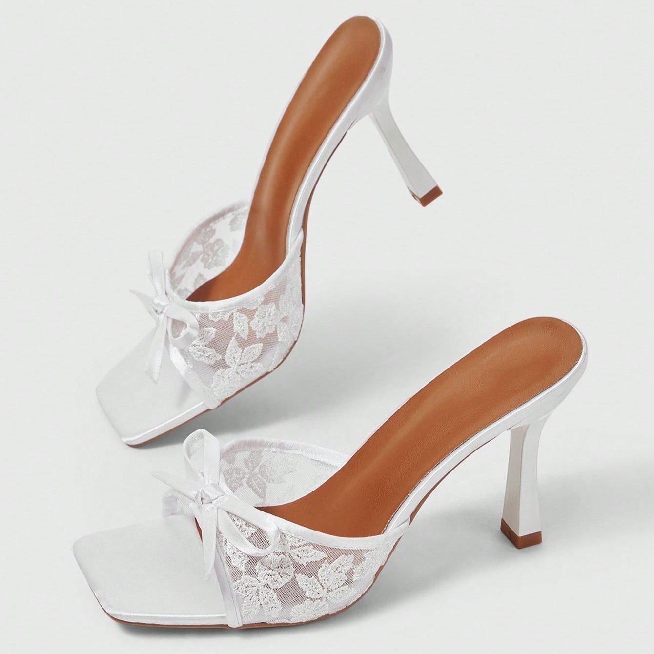 Stylish Lace Embroidery Mule Sandals With Bow Detail For Women in White - Right Side
