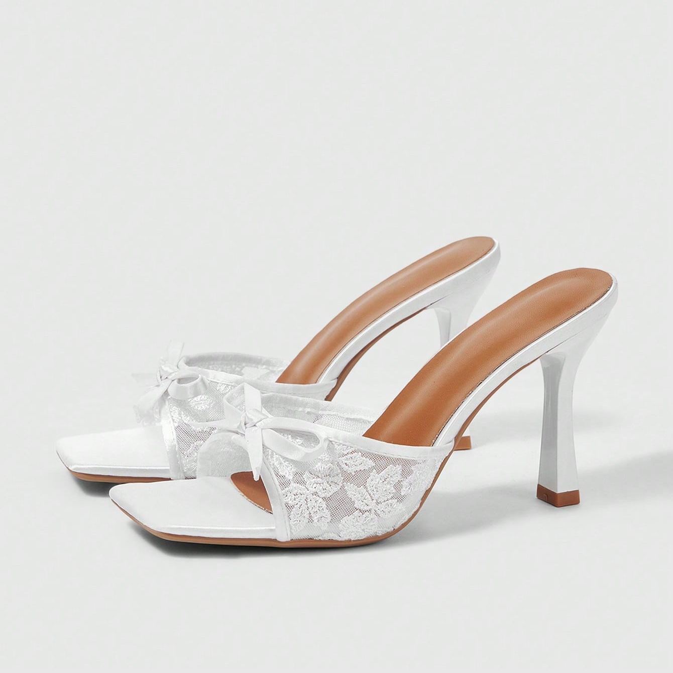 Stylish Lace Embroidery Mule Sandals With Bow Detail For Women in Beige - Angled View