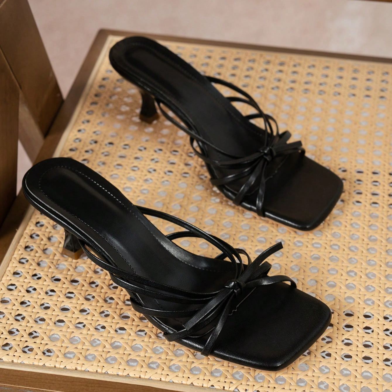 Modern Criss Cross Strap Mule Slip On Sandals For Women in Black - Front View