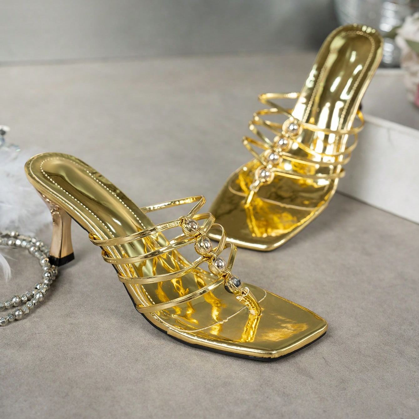 Multi Strap Criss Cross Mule Slip On Sandals With Beaded Detail in Black - On-Foot View