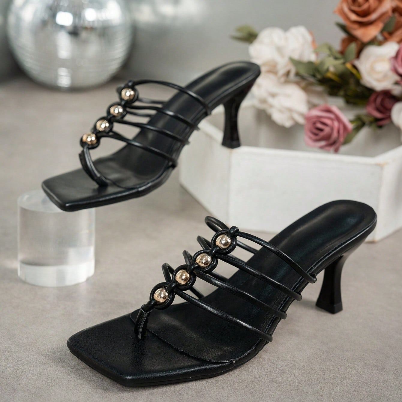 Multi Strap Criss Cross Mule Slip On Sandals With Beaded Detail in Golden - Toe Detail