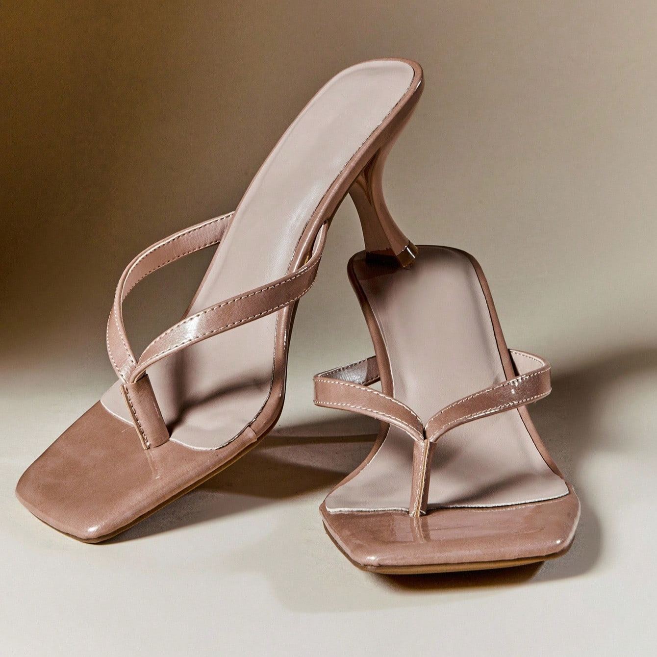 Square Front Coffee Thong Mid Heels in Beige - Left Side