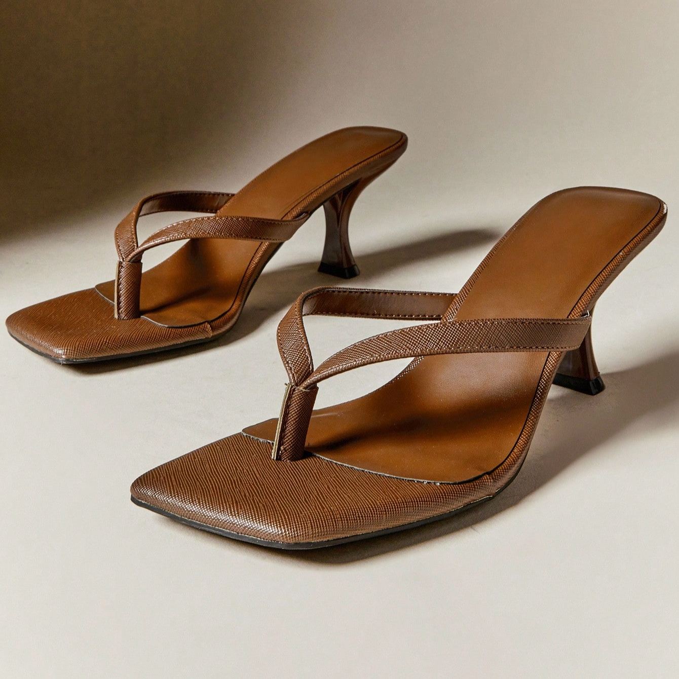 Square Front Coffee Thong Mid Heels in Beige - Back View