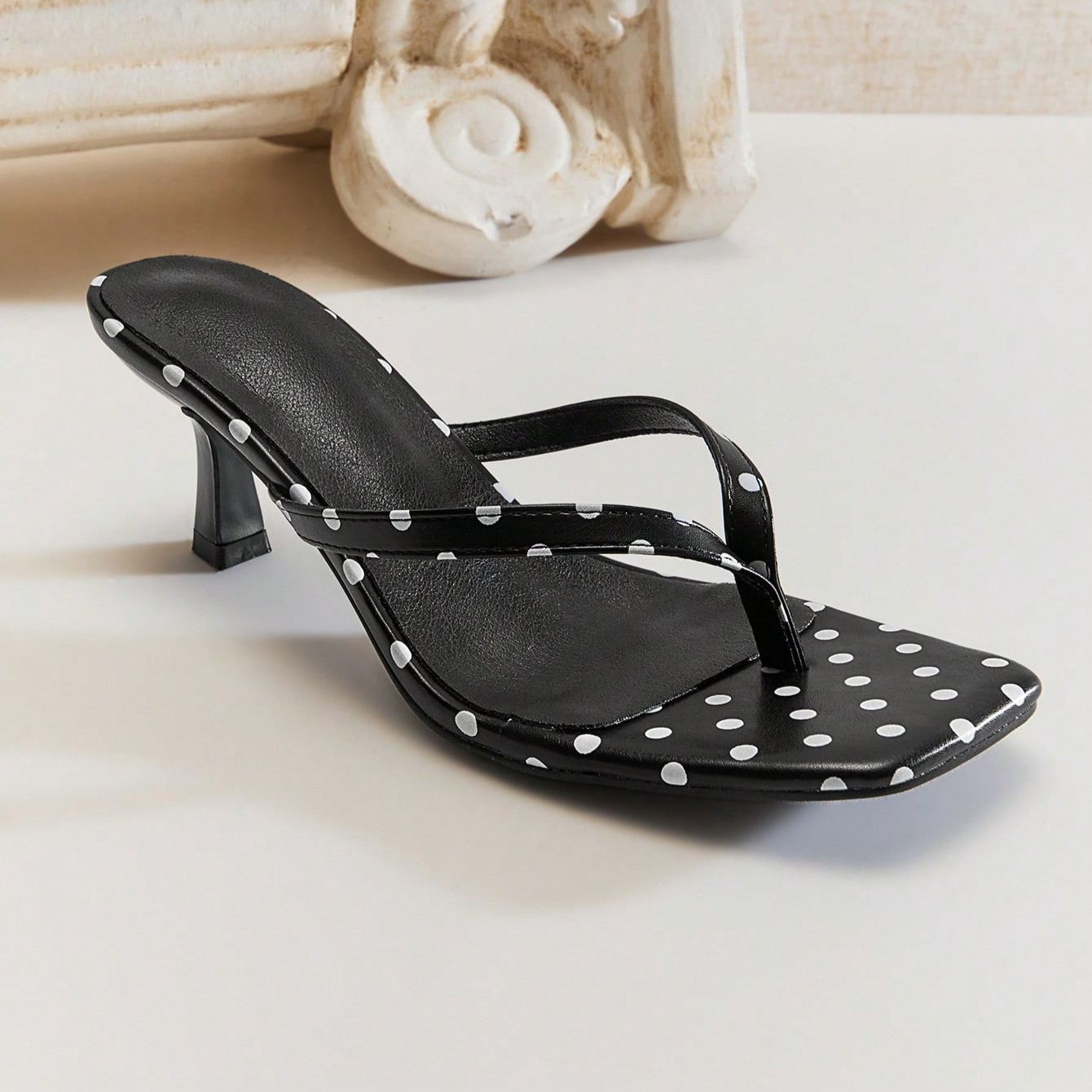 Polka Dot Thong Strap Kitten Style Slide Sandals For Women in Brown - Side View