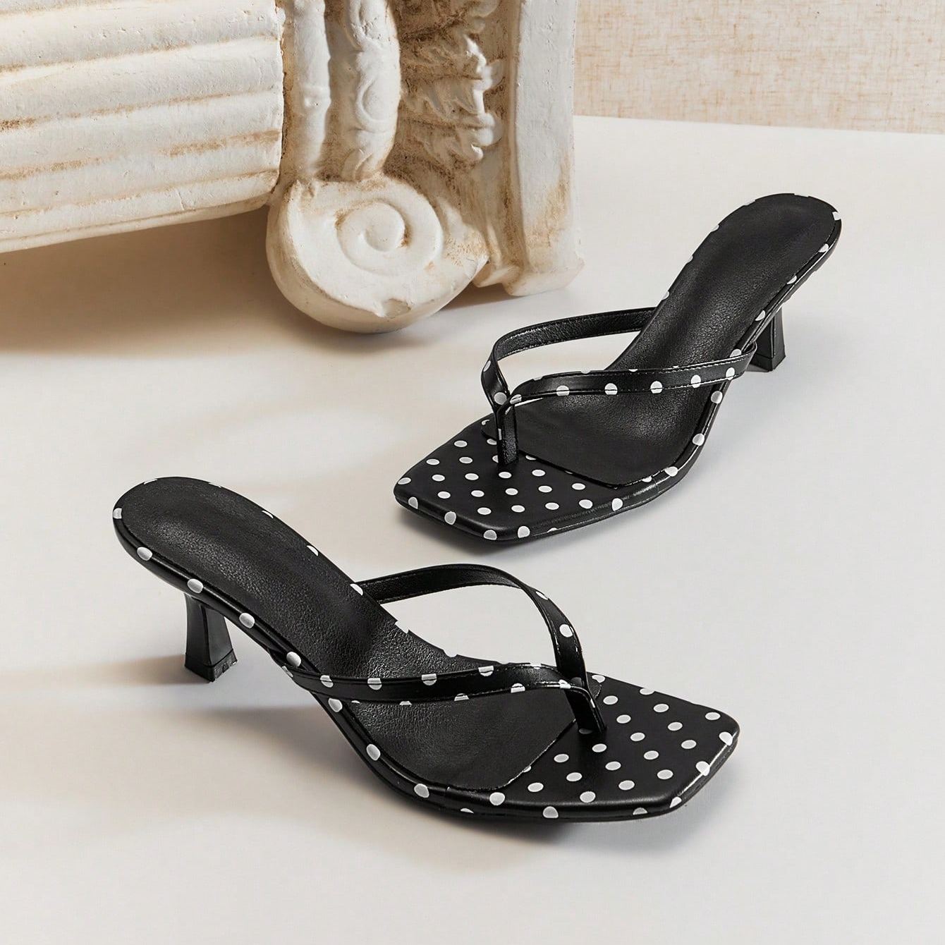 Polka Dot Thong Strap Kitten Style Slide Sandals For Women in Black - Back View