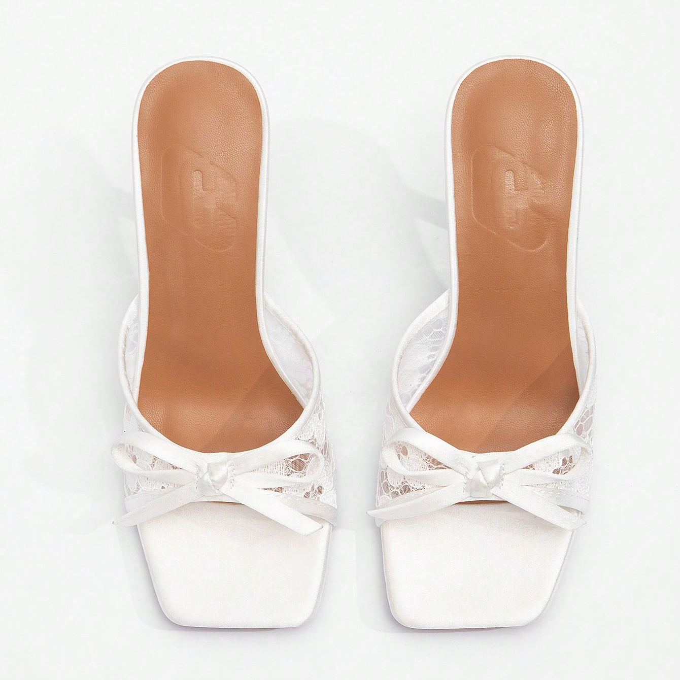 Stylish Lace Embroidery Mule Sandals With Bow Detail For Women in White - On-Foot View