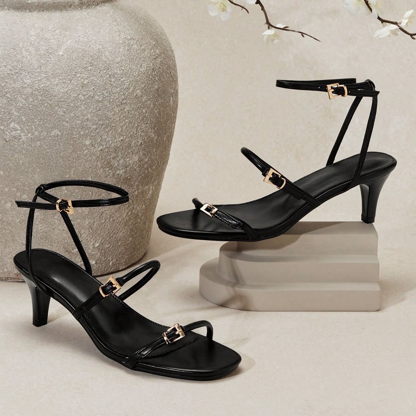 Stylish Strappy Mid Height Stiletto Style Sandals For Women in Black - Front View