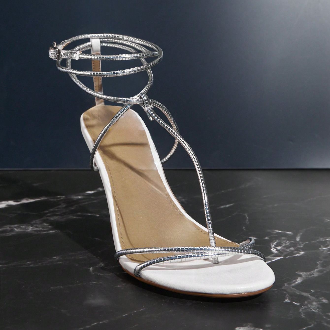 Stylish Strappy Mid Height Stiletto Style Sandals For Women in White - Angled View