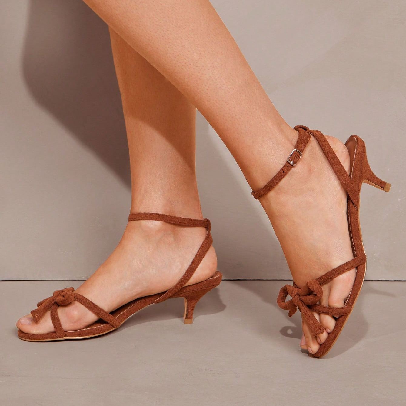 Stylish Strappy Mid Height Stiletto Style Sandals For Women in Brown - Left Side