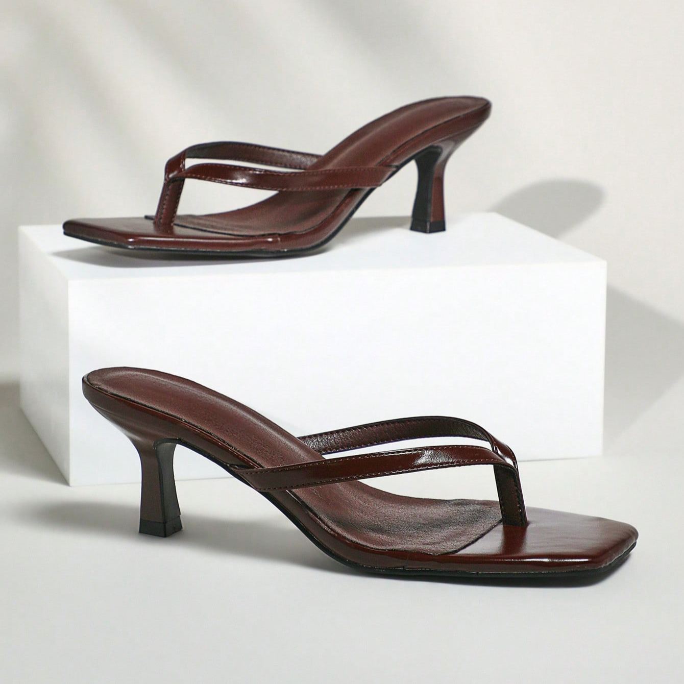 Stylish Thong Strap Kitten Style Slip On Sandals For Women in Brown - Angled View