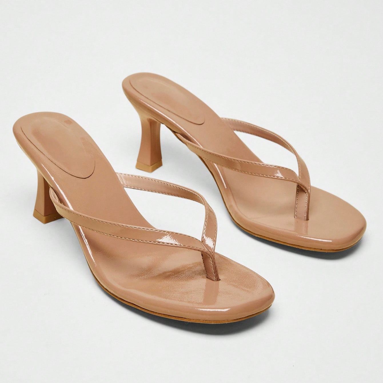 Stylish Thong Strap Kitten Style Mid Height Slip On Sandals For Daily Wear in Beige - Front View