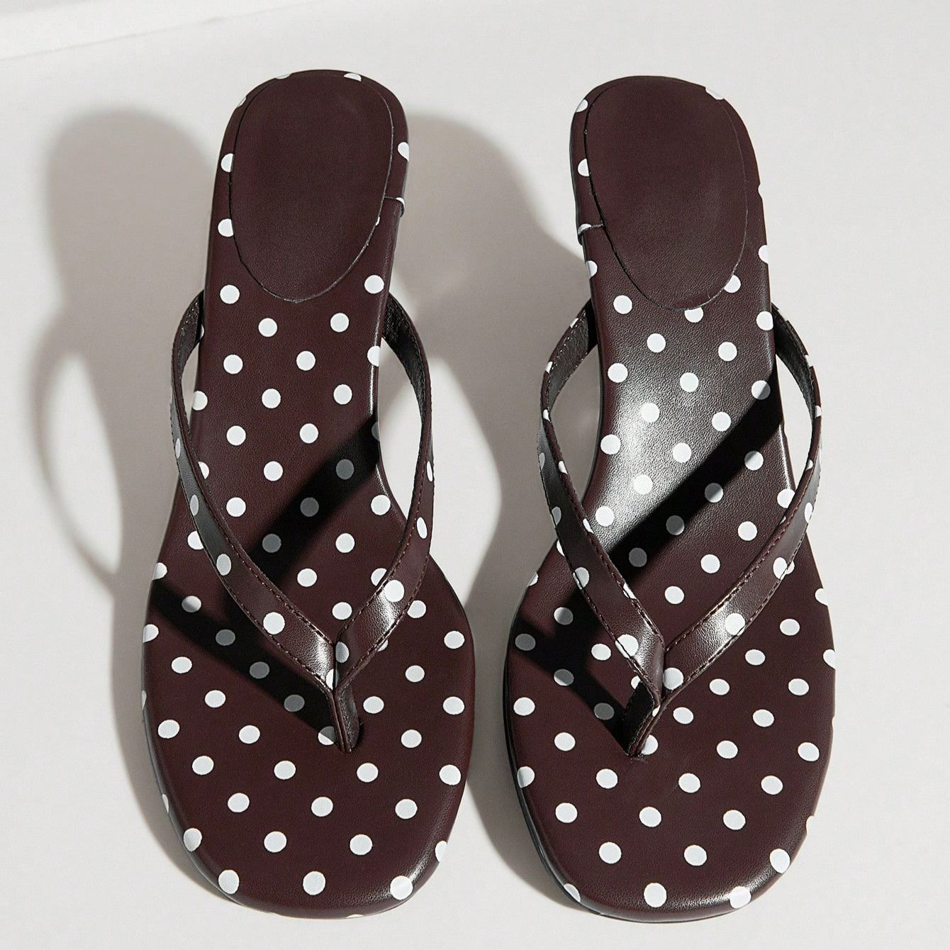 Polka Dot Print Thong Strap Stiletto Style Sandals - Front View