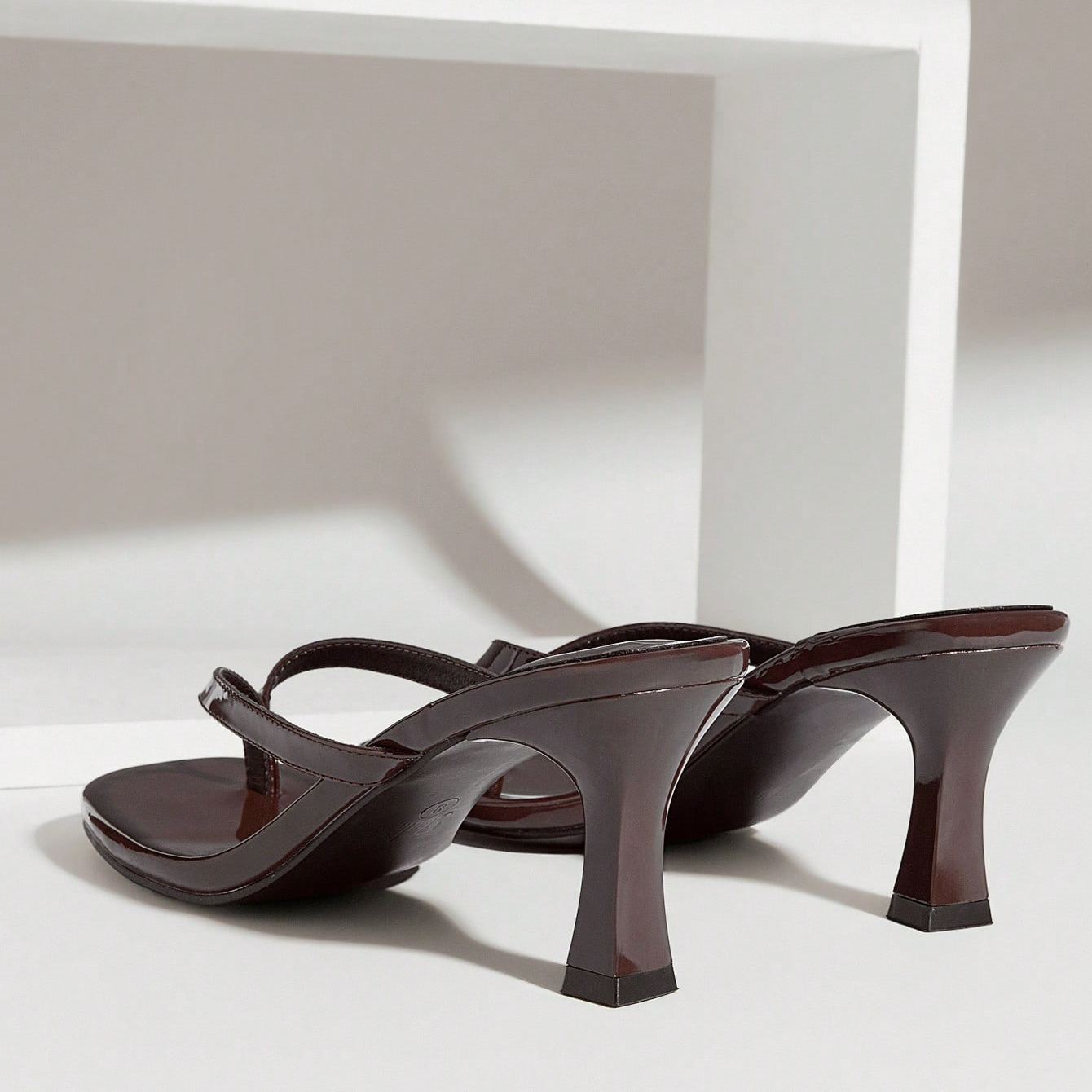 Minimal Thong Strap Slip On Stiletto Style Sandals For Party Wear in Black - On-Foot View