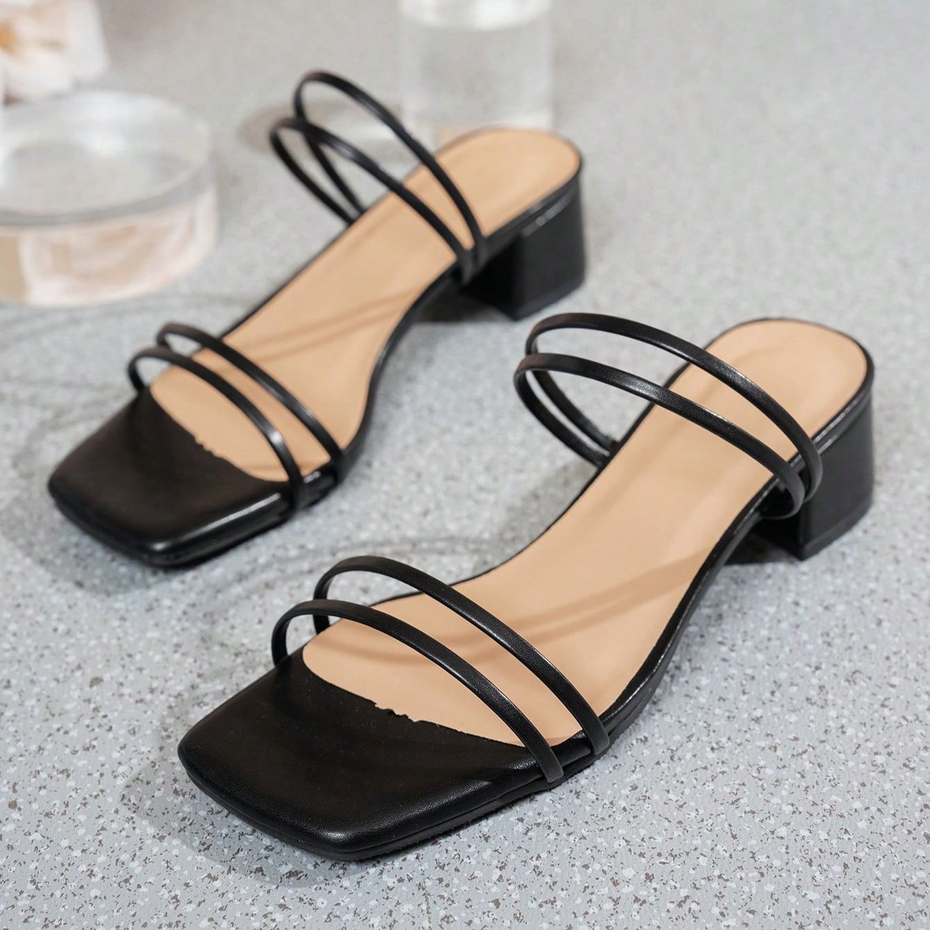 Stylish Minimal Strap Low Block Sandals For Casual Outfits in Black - Front View