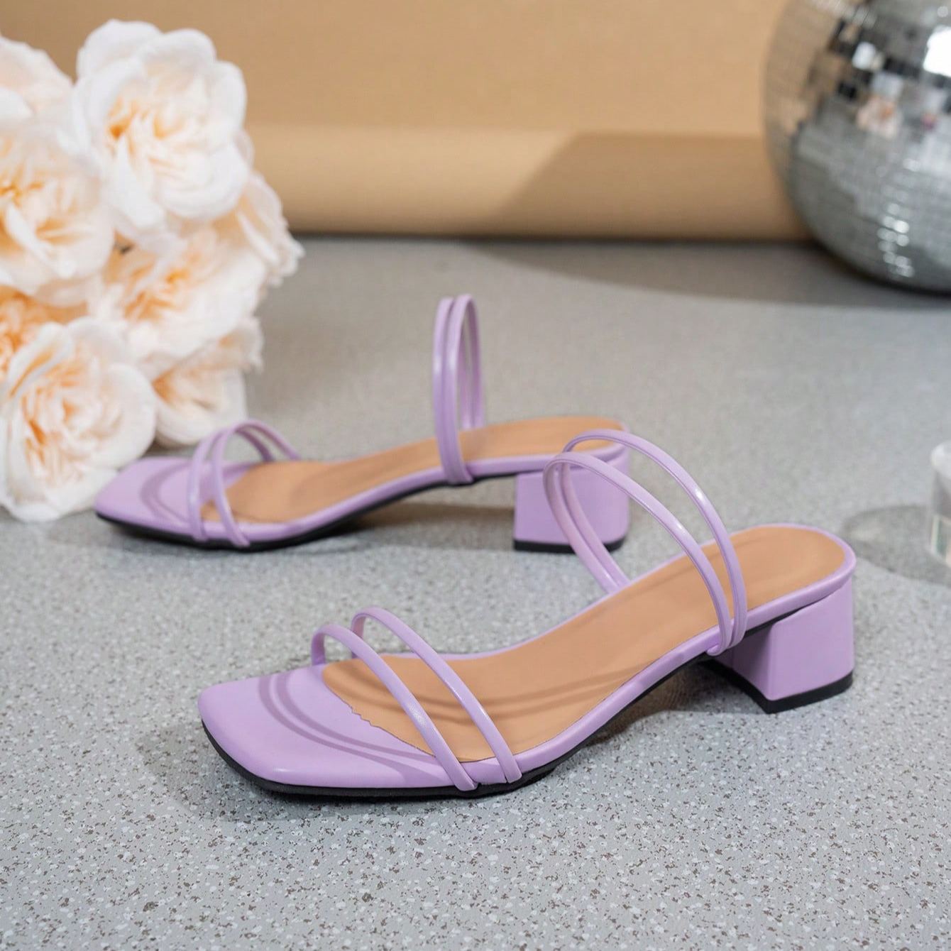 Stylish Minimal Strap Low Block Sandals For Casual Outfits in Purple - Right Side