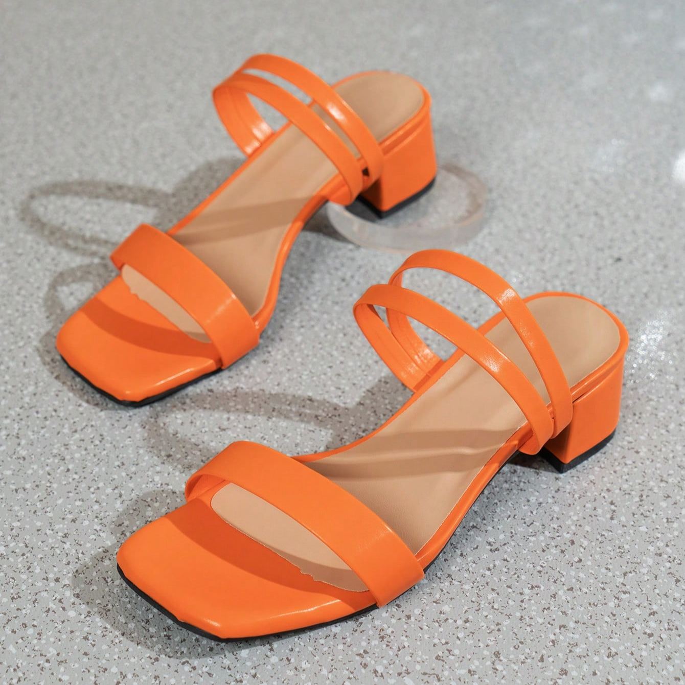 Double Strap Chunky Block Thick Sandals For Summer Styling in Orange - Side View