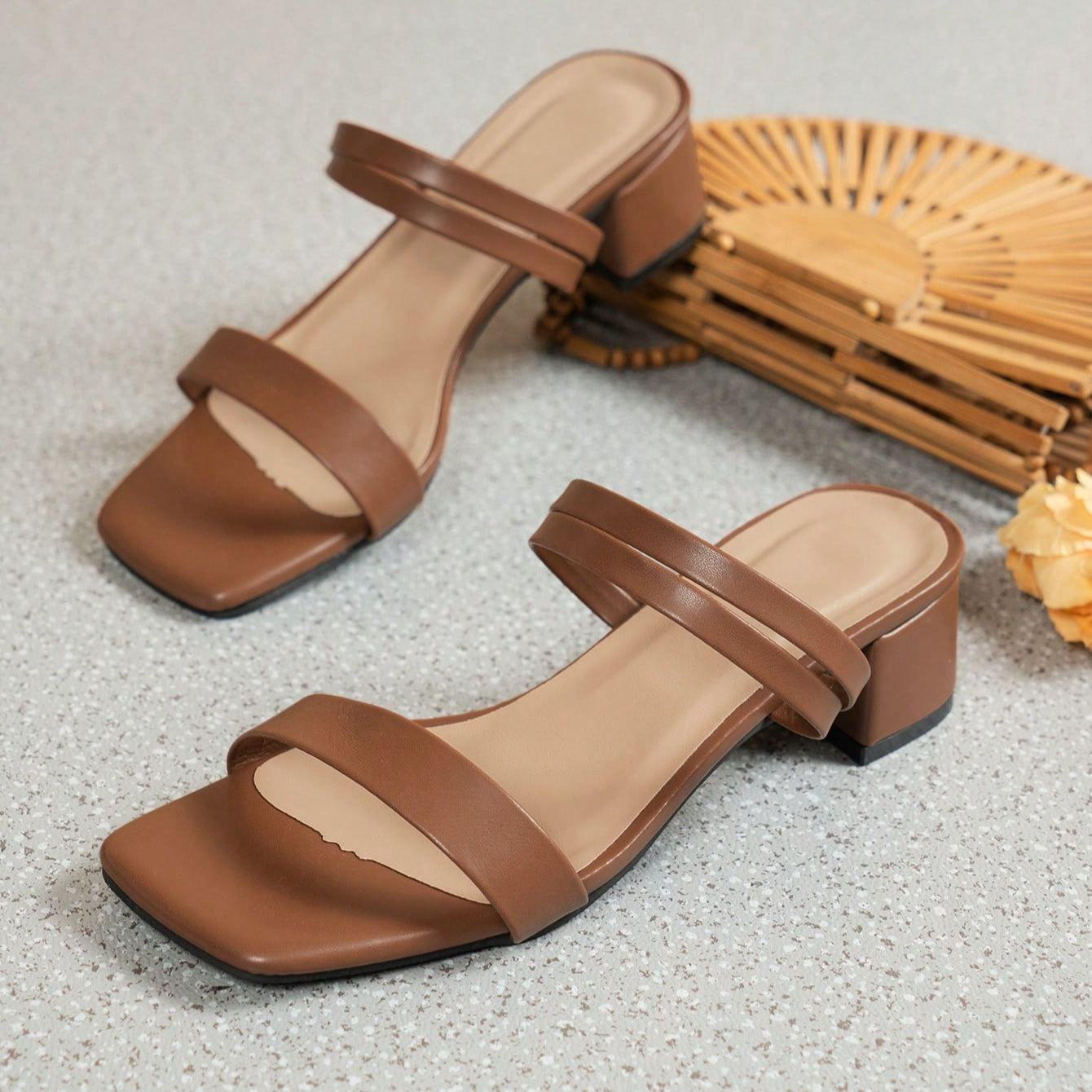 Double Strap Chunky Block Thick Sandals For Summer Styling in Brown - Back View