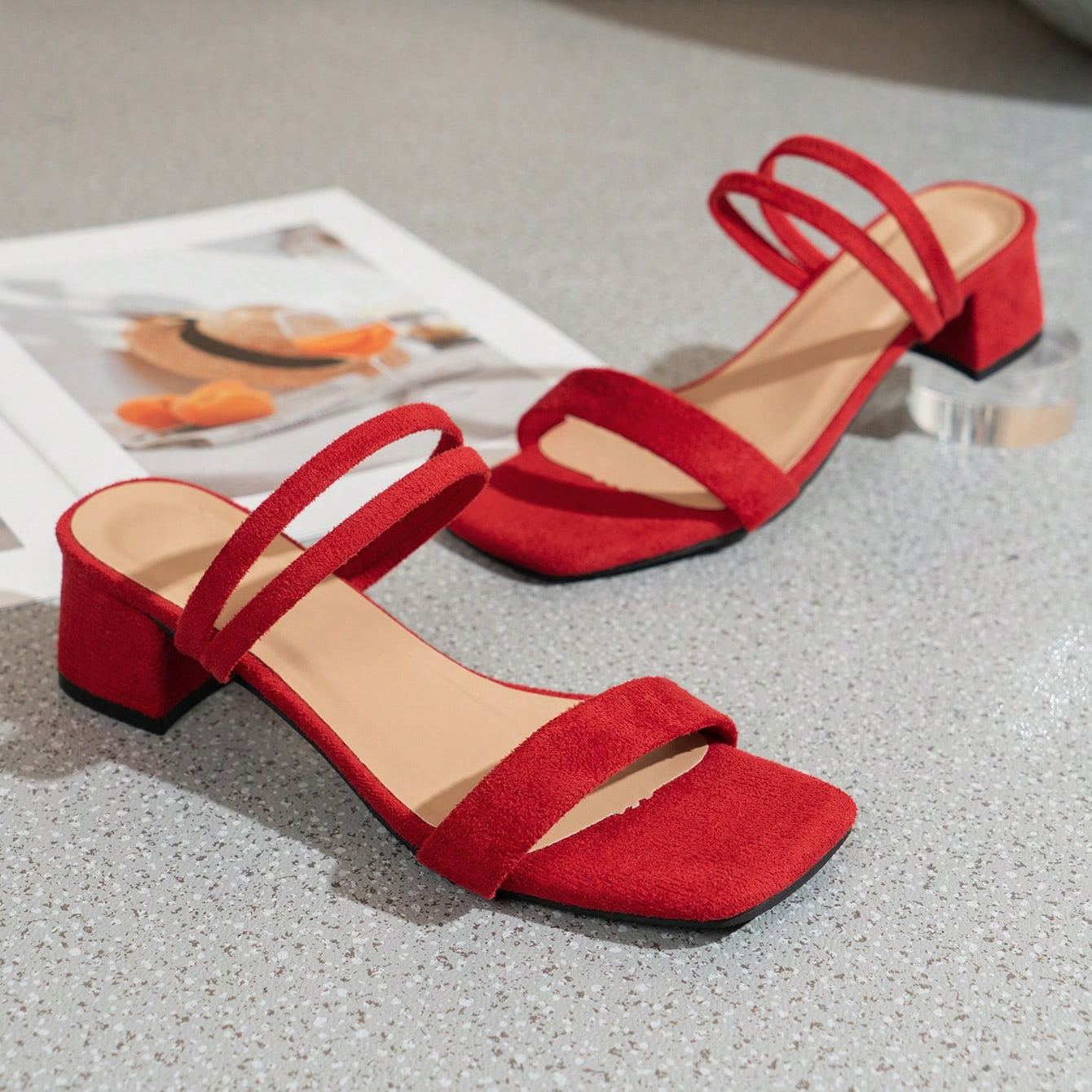 High Heel Thin Strap Chunky Mule Sandals in Black - Front View