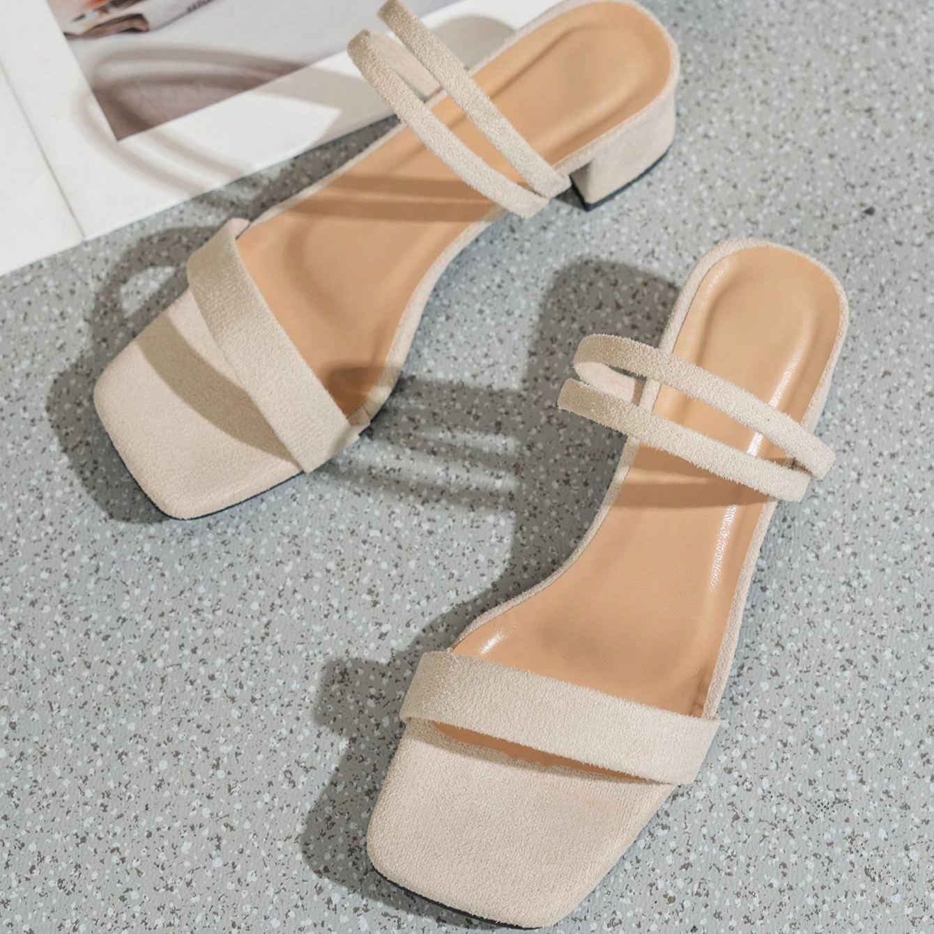 High Heel Thin Strap Chunky Mule Sandals in Green - Interior View