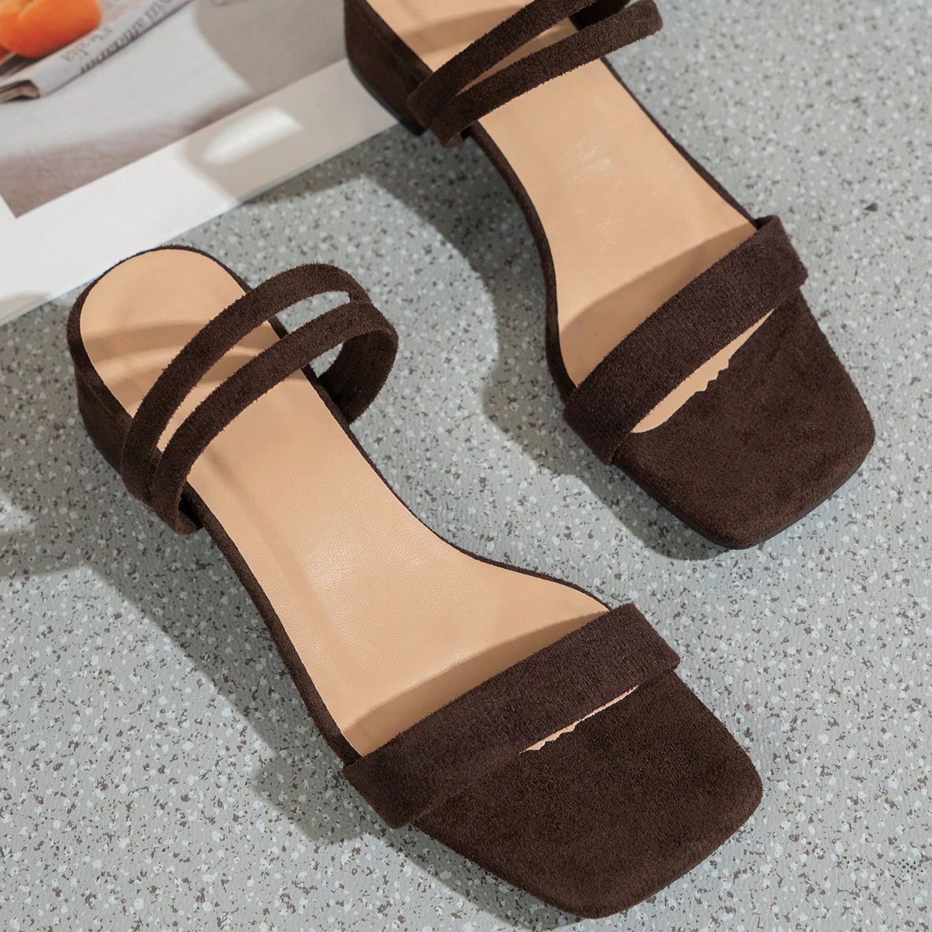 High Heel Thin Strap Chunky Mule Sandals in Brown - Right Side