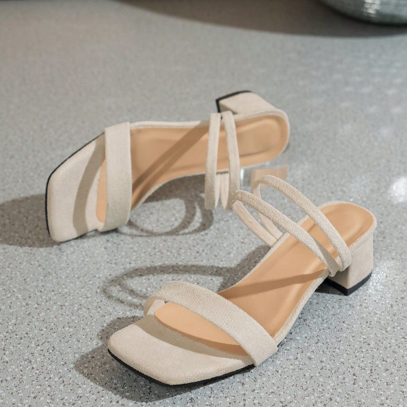High Heel Thin Strap Chunky Mule Sandals in Beige - Heel Detail