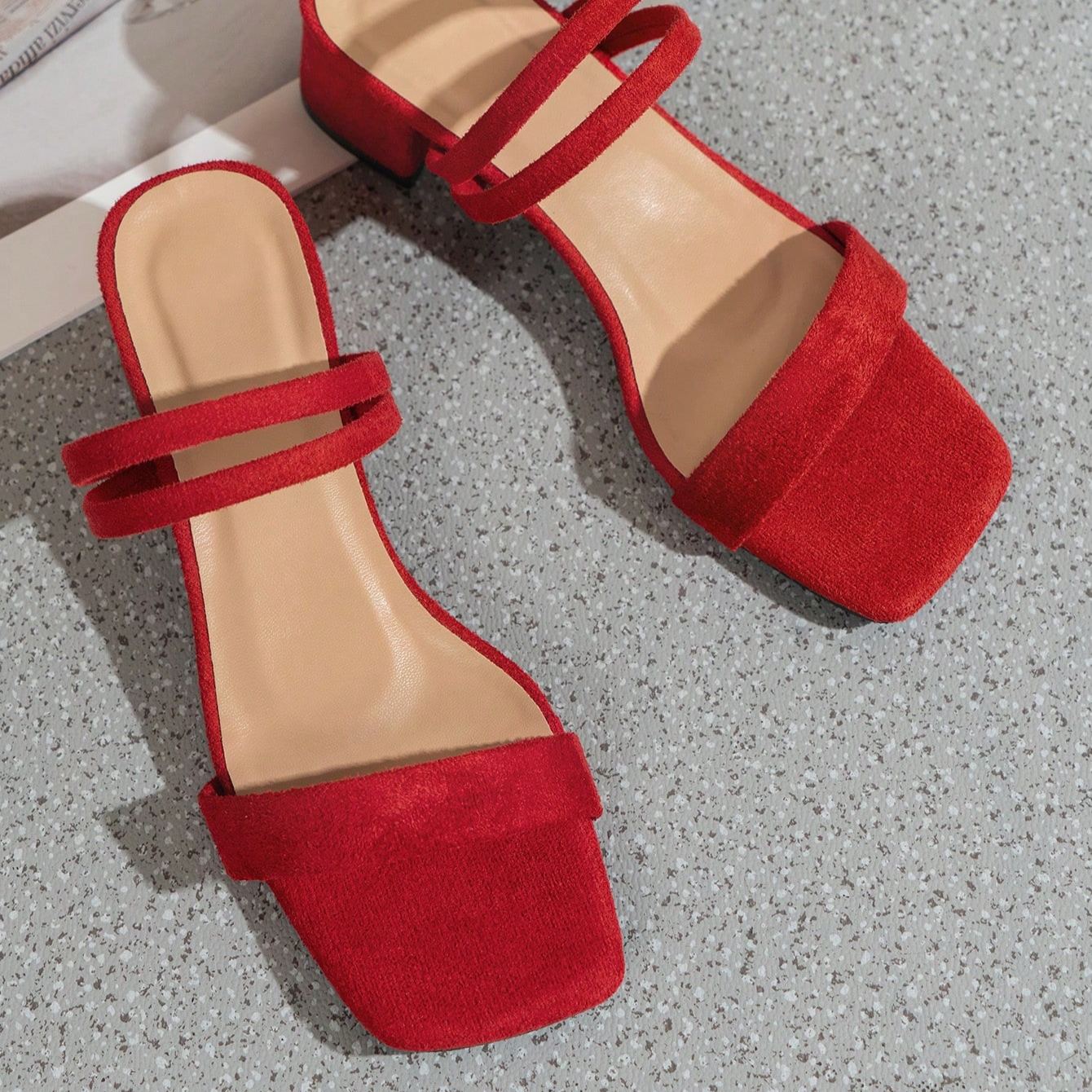 High Heel Thin Strap Chunky Mule Sandals in Black - Quarter View