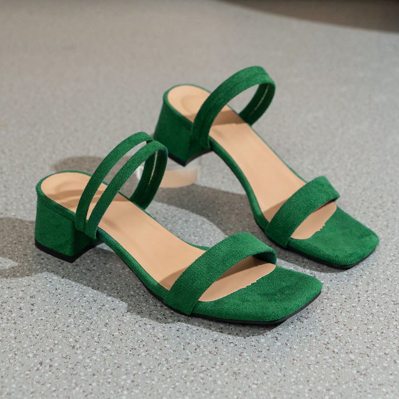 High Heel Thin Strap Chunky Mule Sandals in Green - Full Length View