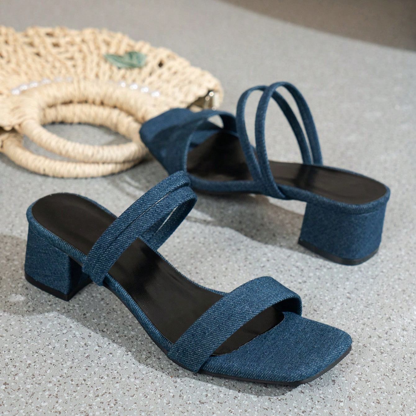 Modern Double Strap Square Front Low Block Faux Suede Sandals For Women in Khaki - Close-Up Detail