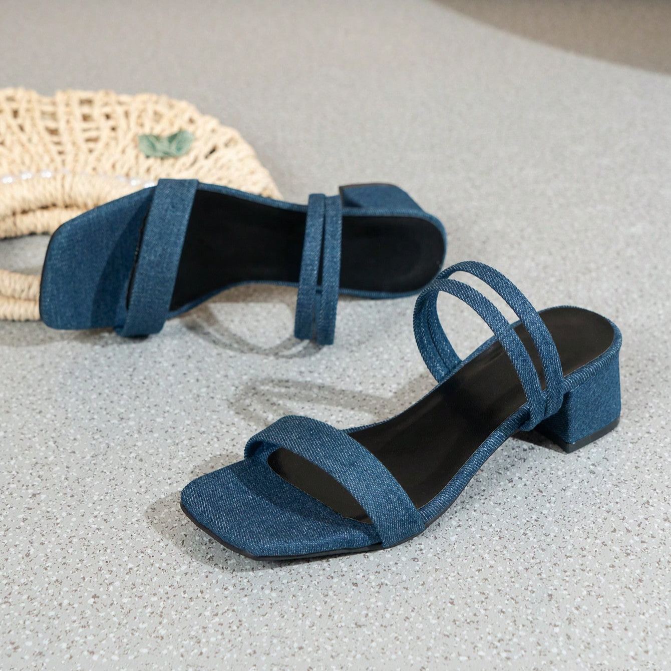 Modern Double Strap Square Front Low Block Faux Suede Sandals For Women in Khaki - On-Foot View