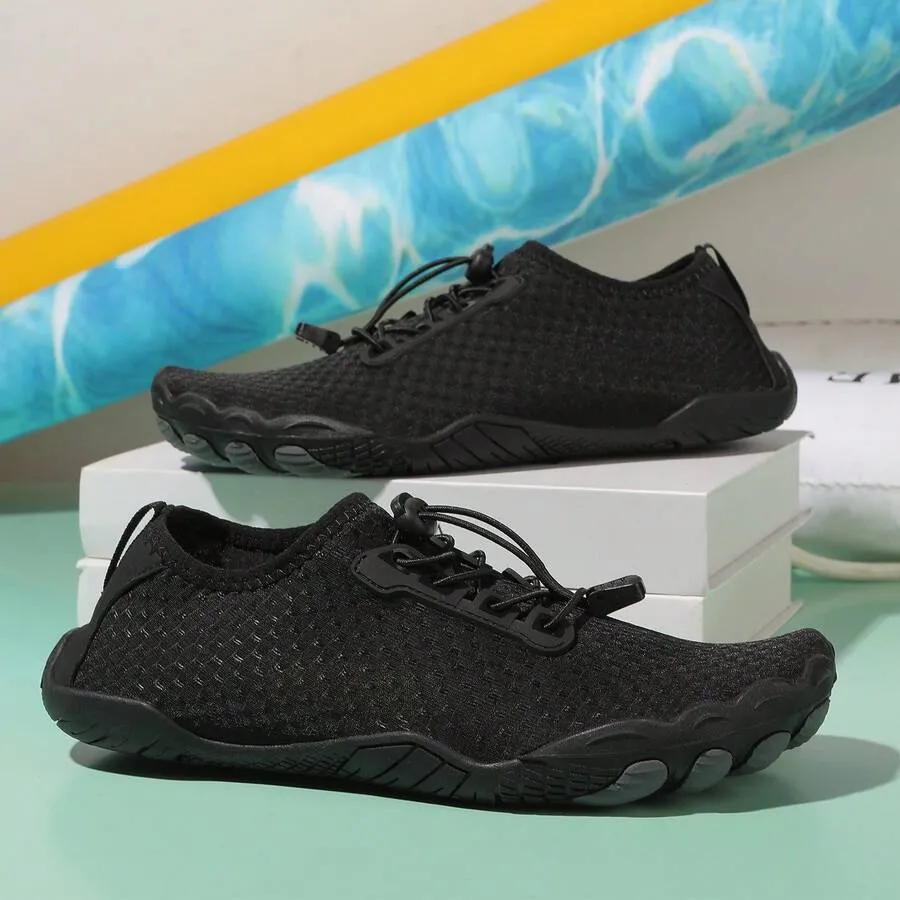 Adjustable Quick Dry Barefoot Water Shoes in Black - On-Foot View
