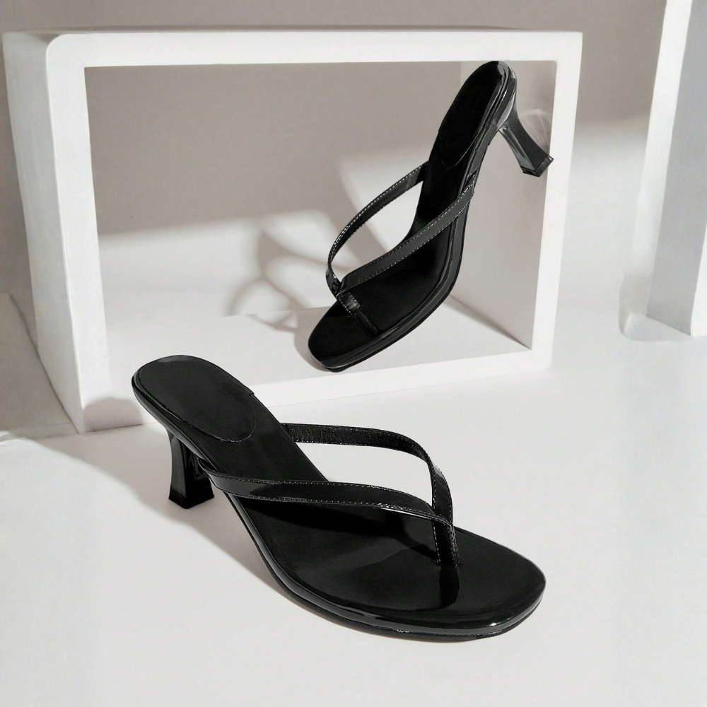 Minimal Thong Strap Slip On Stiletto Style Sandals For Party Wear in Black - Lifestyle Shot