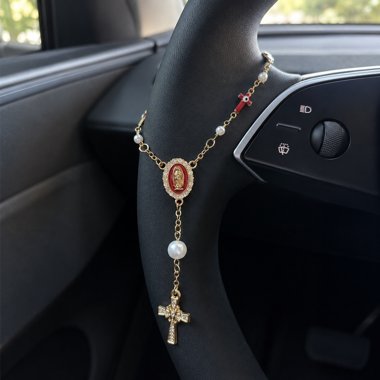 Pearl Cross Steering Wheel Rosary Car Pendant Interior Ornament Decor
