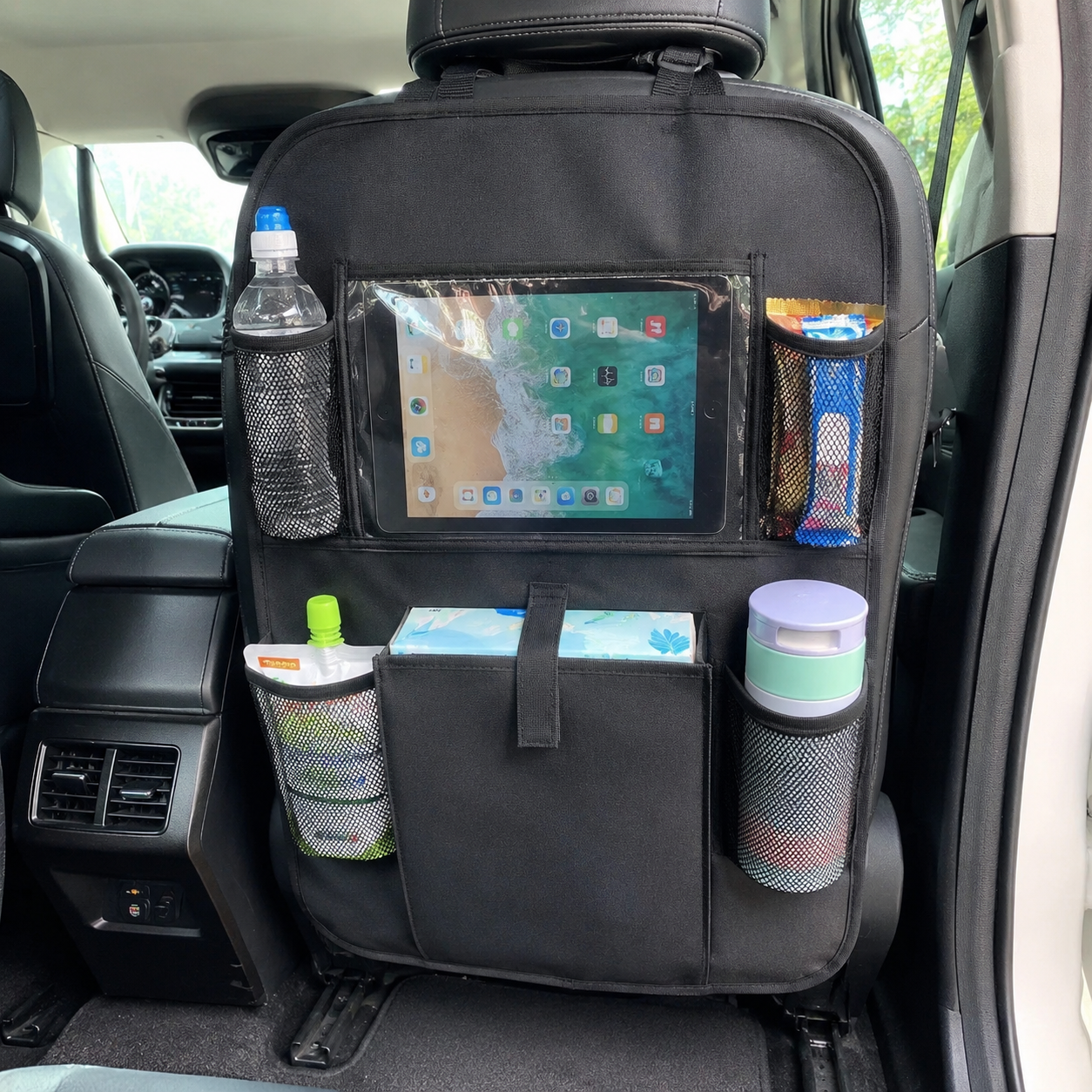 Car Rear Seat Organizer Bag For Drinks Tablets Toys And Accessories