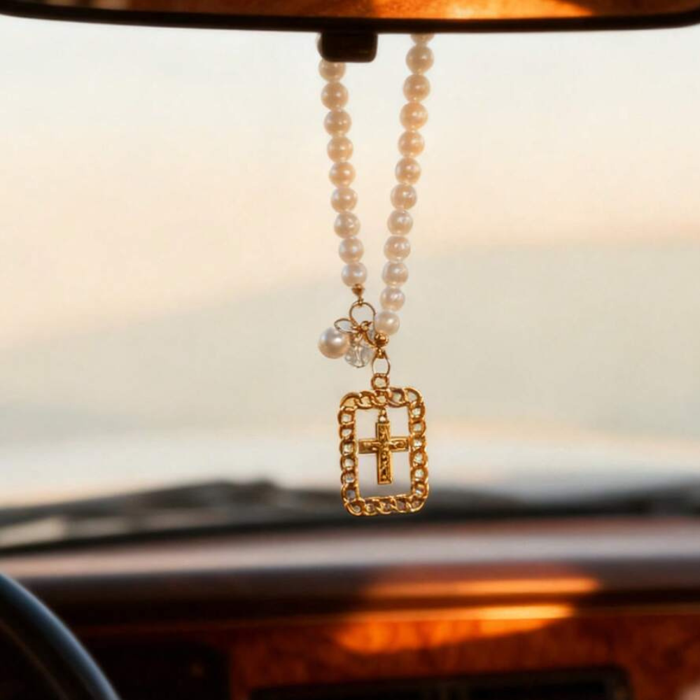 Beaded Cross Rearview Mirror Hanging Car Pendant