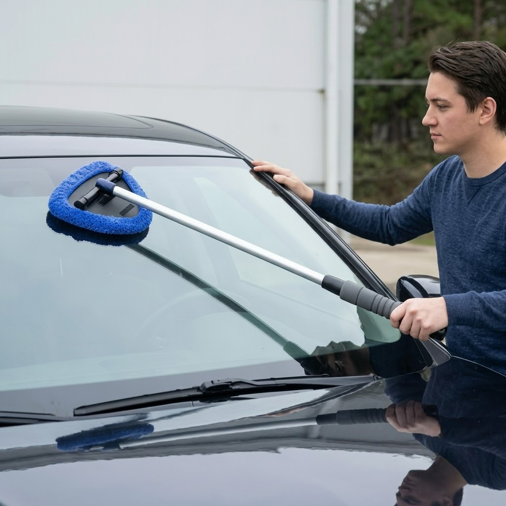 Windshield Cleaner Tool With Extendable Handle And 2 Microfiber Pads For Car Interior & Exterior Glass Cleaning