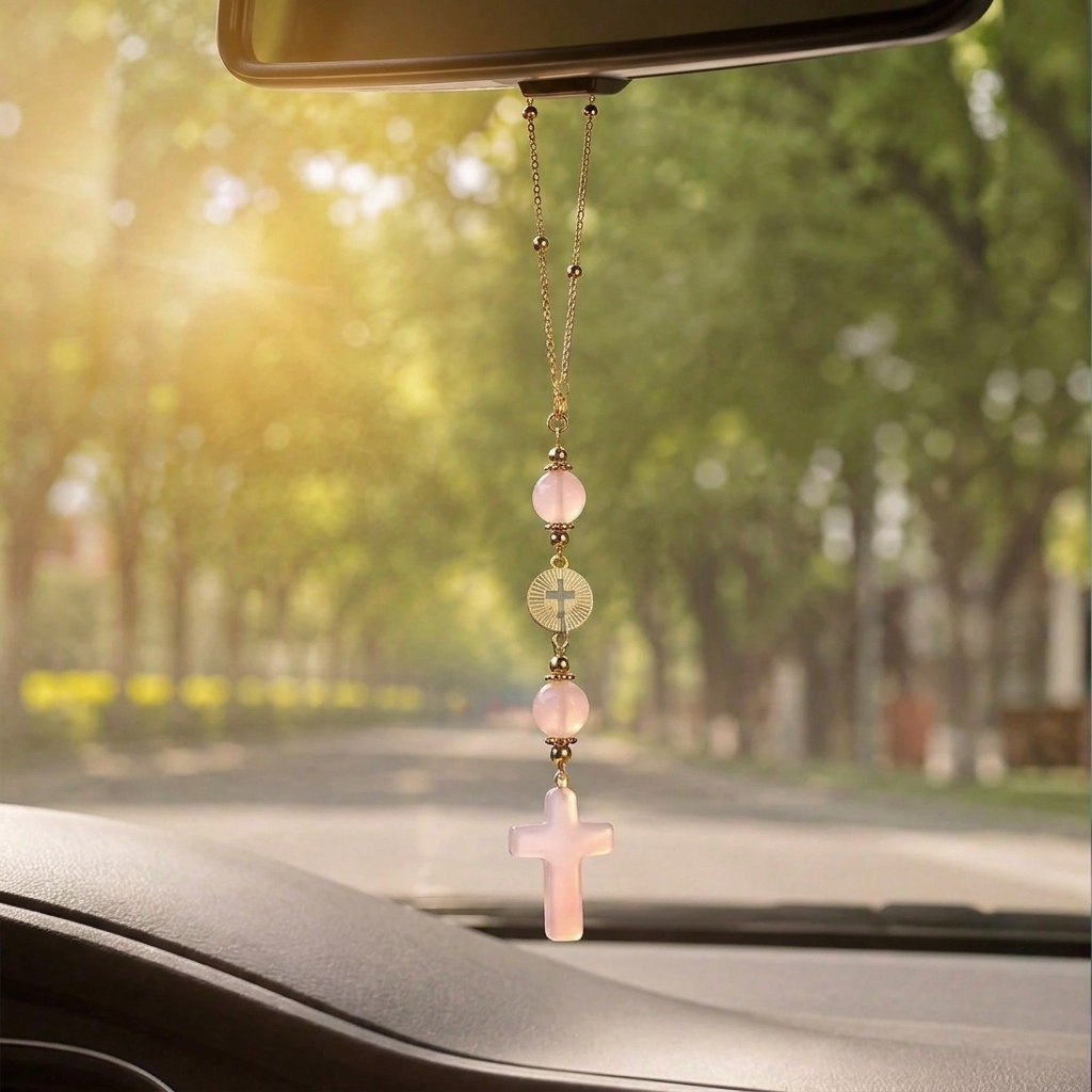 Handmade Cross Hanging Car Mirror Ornament With Decorative Stone Beads